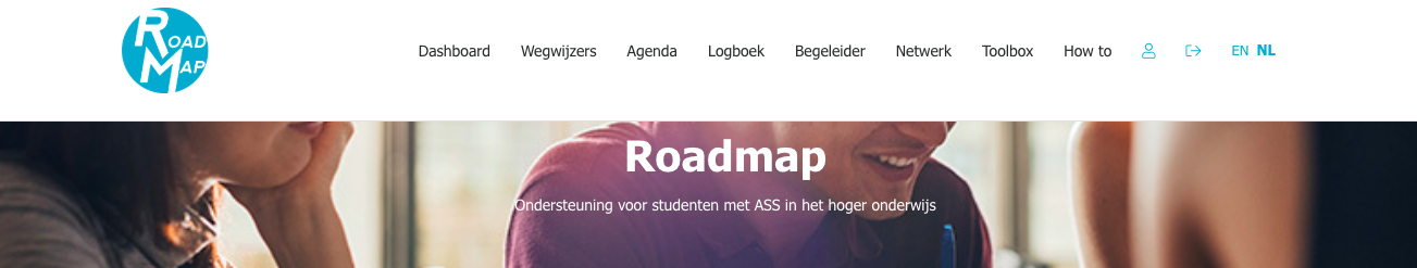 Banner van de menubalk van de tool Roadmap, met slogan: ondersteuning voor studenten met ASS in het hoger onderwijs